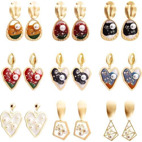 Enamel Heart Drop Earrings Irregularity Shell Stud Pearl Dangle Handmade Jewelry