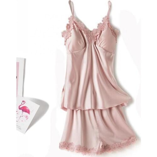 Lace Home Clothes Sleepwear Female Nightwear 2PCS Pajamas Set Sexy Strap Top&Shorts Silky Satin Intimate Lingerie Pyjamas