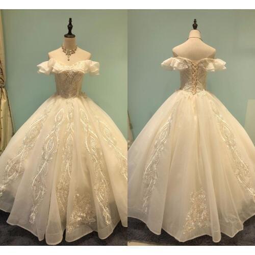 Sexy Light Champagne Sweetheart Lace Ball Gown Wedding Dresses 2019 Applique Beaded Flowers Bride Gown Vestido De Noiva