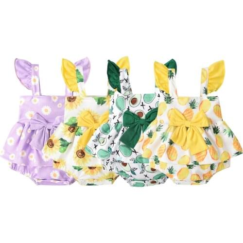 Citgeett Summer Infant Baby Girls Bodysuit Floral/Fruit Printing Bow Fly Sleeve Suspender Jumpsuit Clothes