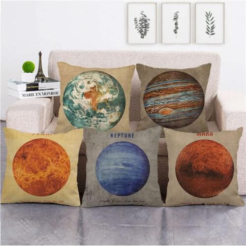 Cute Vintage Space Earth One Side Print Cushion Cover Linen Pillow Cover for Home Sofa Seat Throw Covers Decorative 45X45Cm