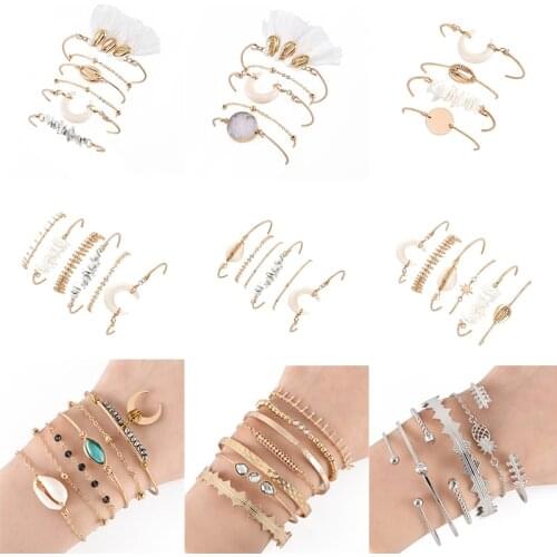 Bohemian Ethnic Crystal Arrow Crescent Pineapple Engraving Pattern Tassel Bracelet Set Charm Exaggerated Party Bracelet Jewelry