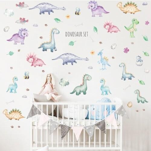 Cartoon Dinosaur Wall Stickers Boy Bedroom Kids Room Decor Aesthetic Nursery Decoration Animals Self Adhesive Poster Mural