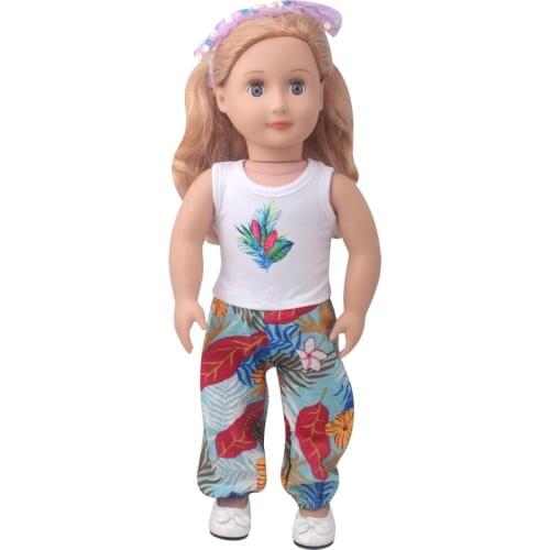 18-inch Girls doll clothes Casual print suit + floral pant fit 40-43 cm baby Boy dolls American doll dress toys for doll c912