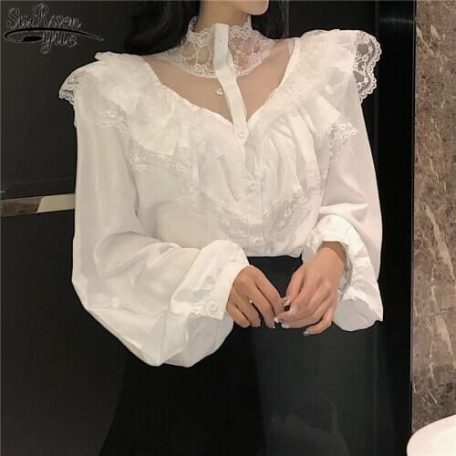 Solid Puff Sleeve Sexy Lace Hollow Womans Shirts Autumn Lace Stitching Ruffles Long Sleeve Womens Blouse Blusas Mujer 11265