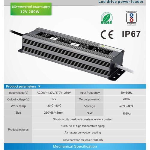 IP67 200W AC 100V - 250V to DC 12Vdc 16.6A DC 24V 8.4A led strip lighting transformer 3 years warranty CE Rohs EMC LVD