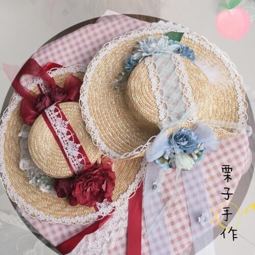 Pastoral Style French Gorgeous Sweet Elegant Lolita Adjustable Straw Hat Flat Top Pastoral Style French Gorgeous Sweet Elegant