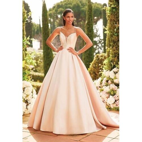 Verngo Simple Blush Pink Satin Wedding Dress A Line Beads Pearls Criss Cross Straps Buttons Back Bridal Gowns Custom Made