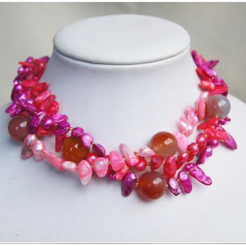 Unique Pearls jewellery Store 3Rows Red Jade Pink Real Freshwater Pearl Necklace Perfect Wedding Party Women Gift