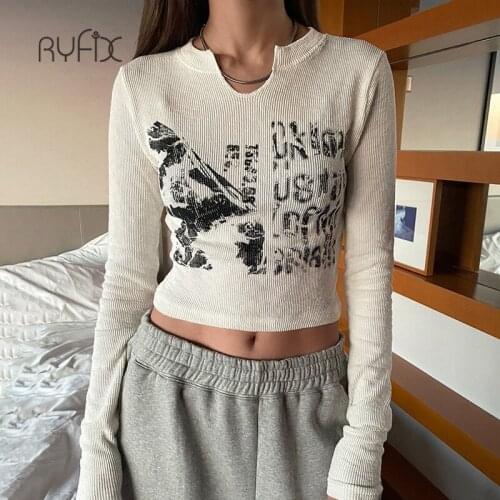 RYFIX 2021 Vintage Letter Print Long Sleeve Crop Top Women Sexy Slim Knitted T Shirt Korean Style Chic Aesthetic Streetwear