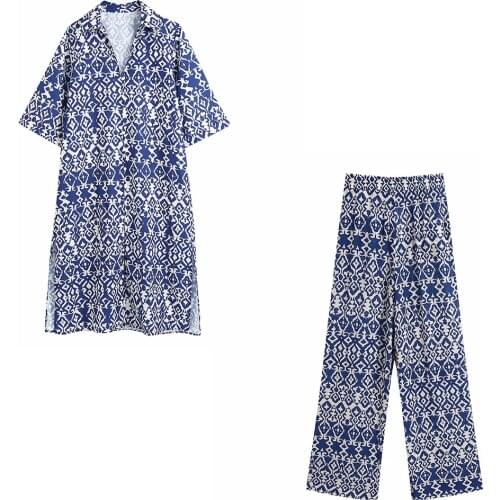 Xikom 2021 New Summer Women Vintage Two-Piece Set Bohemia V- Neck Loose Long Shirt Elastic High Waist Casual Trousers Pants Set