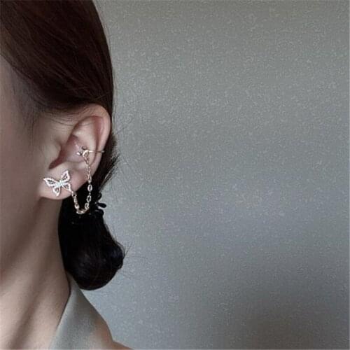 Temperament Female Asymmetric Crystal Butterfly Earrings Punk Womens Party Gold Chain Earrings Fashion Jewelry Gifts