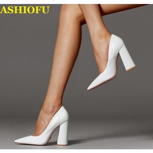ASHIOFU Handmade Spring New Ladies Pumps Patent Leather Thick Heel European&American Shoes Pointed Temperament Party Prom Shoes