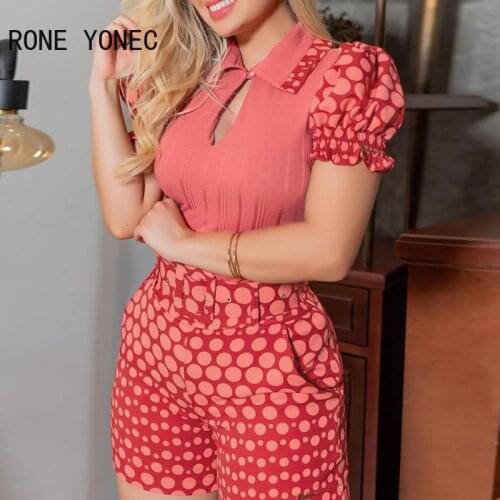 Women Polka Dot Print Puff Sleeve Top & High Waist Shorts Set Women Sweet Suit with Belt