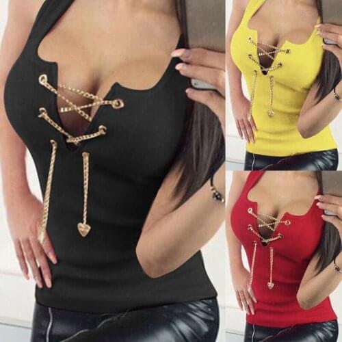 Summer womens 2021 black chain lace up sexy top low chest Club vest womens yellow deep V-neck Vintage solid sleeveless T-shirt