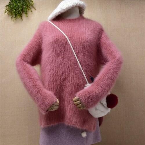 Ladies women hairy plush mink cashmere knitted split crew neck loose long sleeves pullover angora fur jumper sweater pull tops
