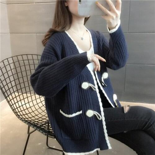 Horn button Loose Womens Sweater Autumn Winter Solid slim Cashmere Sweater Cardigan Jacket Femme Cardigan Largo Mujer
