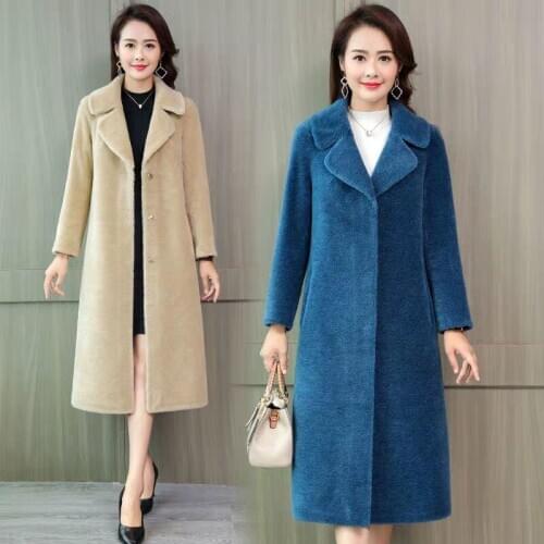 2020 New Winter Middle Age Women Korean Real Fur Coat Female Sheep Shearing Natural Wool Plush Plus Size 5xl Long Overcoats H266