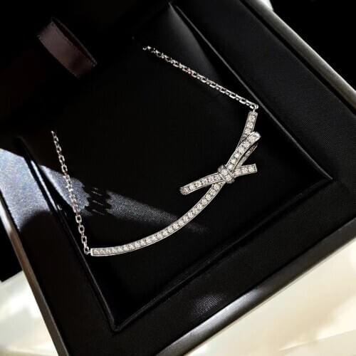 Bowknot Pendant Choker Real 925 sterling silver bijou Diamond cz Party Wedding Pendants necklace for women Statement Jewelry