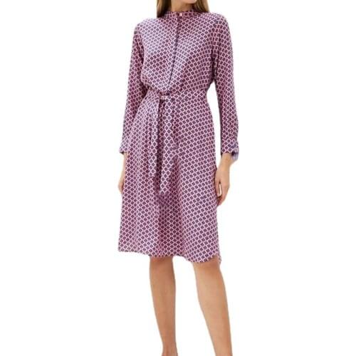 Women Dress Silk Digital Printing Round Neck Long Sleeve Dress