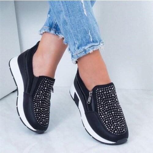 2021 Women Sneakers Black Zipper Platform Trainers Rhinestone Shoes Woman Casual Lace-Upr