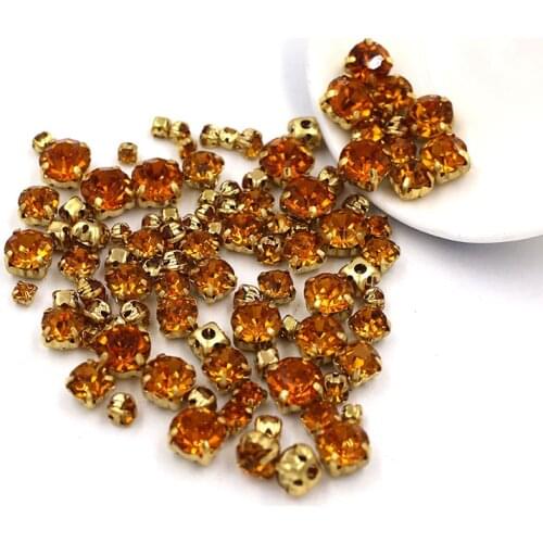 100pcs/bag Mixed size glass strass crystal beads gold base sewing gold yellow rhinestones diy Wedding decoration
