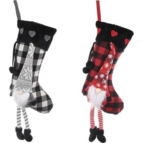 12 Pcs Buffalo Plaid Christmas Stockings Swedish Santa Gnome Xmas Sock Fireplace Hanging Decorations Kids Gift Bag Wholesale X2