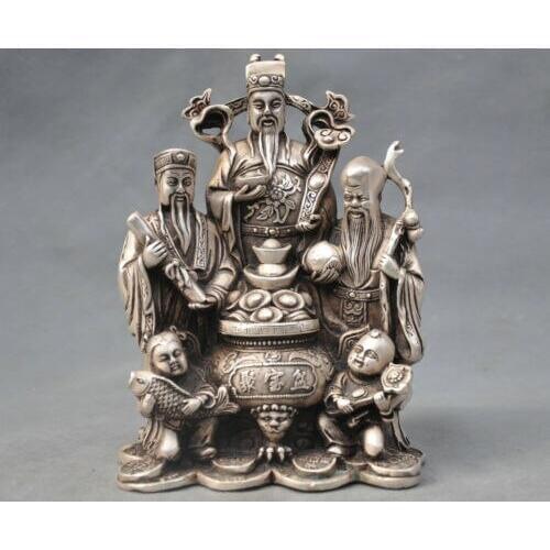 7" China Silver Bronze Fu Lv Shou 3 Star Mammon Boy Fish Statue Healing Medicine Decoration 100% Brass Bronze