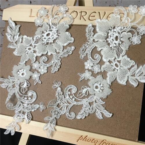 Ivory Pearl Beaded Lace Applique With Corded Exquisite Embroidery Flower Sewing Trim Wedding Decoration 1 Pair 15cm Wide