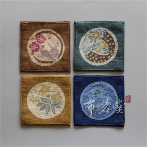 Bamboo Linen Four Seasons Series Square Coaster Manual Printing and Dyeing Pure Cotton and Linen