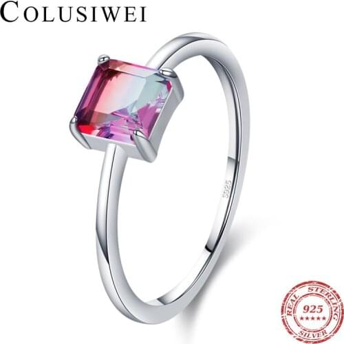 Colusiwei 925 Sterling Silver Vintage Victoria Emerald Cut Rings Cute Colorful Tourmaline Finger Ring for Women Fine Jewelry