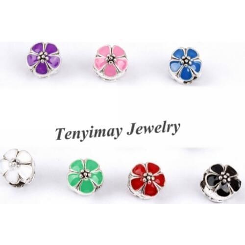Enamel Plum Blossom Big Hole Beads 10x10mm Silver Tone European Charm Beads 100pcs Free Shipping