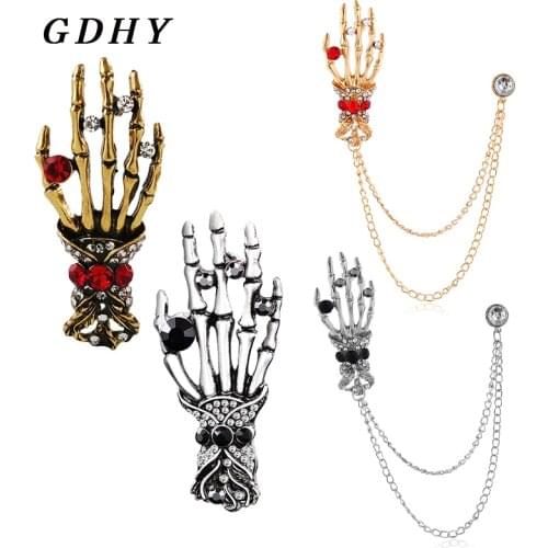 GDHY Gothic Skeleton Skull Hand Bone Brooch Chain Rhinestone Brooches Skull Hand Badge Lapel Collar Pin for Men Spille Jewelry