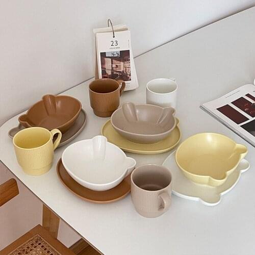 Bear bowls and plates cups Korean cute tableware set for one person dessert bowl breakfast milk cup dinner plates salad bowl