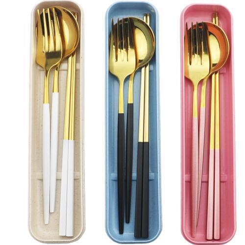 4Pcs/Set Gold Cutlery Set 18/10 Stainless Steel Dinnerware Set Chopstick Fork Spoon Set Silver Tableware Set with Box For travel
