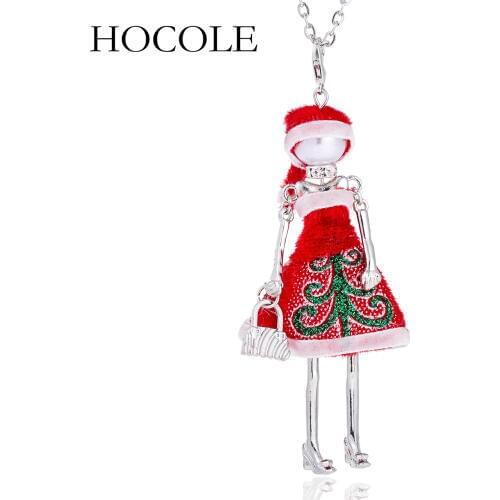 HOCOLE New Cute Red Cloth Dress Doll Necklace Lovely Santa Claus Hat Pendant Necklace Christmas Gifts Jewelry For Women Girls