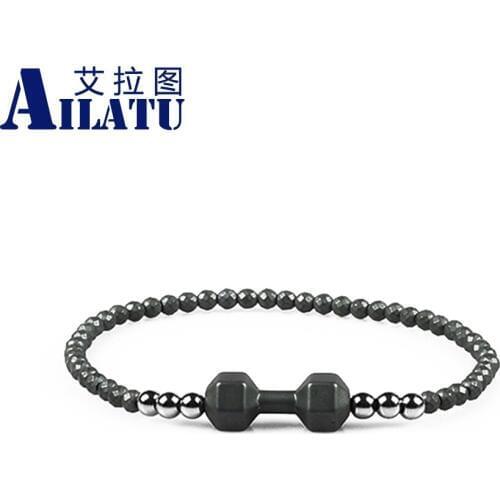 Ailatu New Design Powerful 4mm Faceted Hematite&Versicolor Copper Beads with Pretty Cool Barbell Energy Bracelets