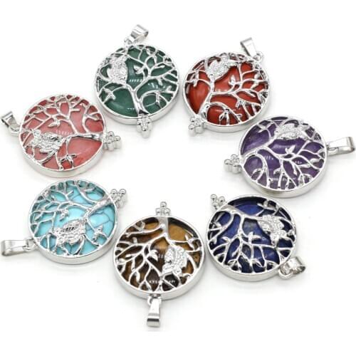 Natural Stone Pendant Alloy Life Tree Round Crystal Agates Amethysts Turquoises Stone Charm for Jewelry Making Necklace Bracelet