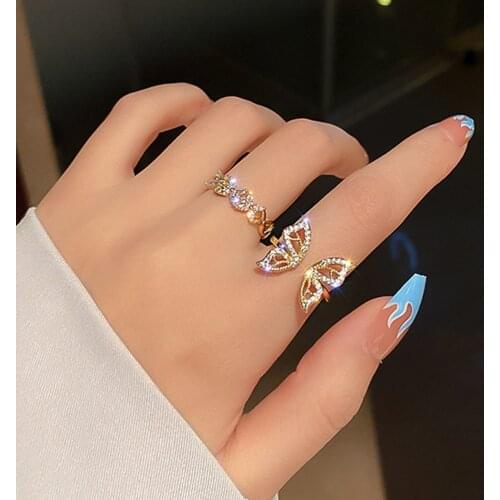 Luxurious Inlaid Zircon Butterfly Opening Ring for Women Girls Fashion Irregular Finger Thin Ring Gift 2021 Female Jewelry Party