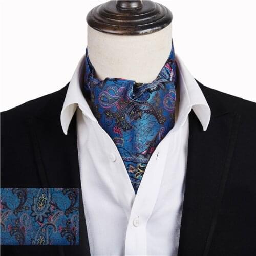 Ikepeibao Mens Luxury Blue Fushcia Paisley Cravat Silk Ascot Scarf Tie Pocket Square Set