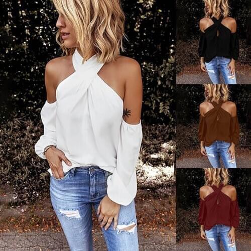 Long Sleeve Shirt Women Fashion Blouse Halter Solid Casual Off Shoulder Top summer sexy shirt 2021 female blusas tops & tees