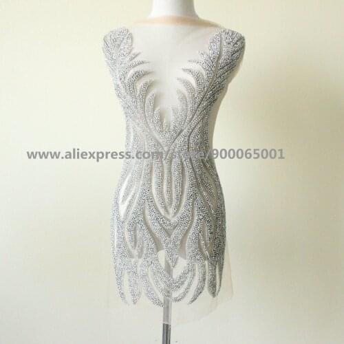 Silver rhinestone appliques, V collar bodice applique, lace bolero beaded wedding dress handmade craft haute couture
