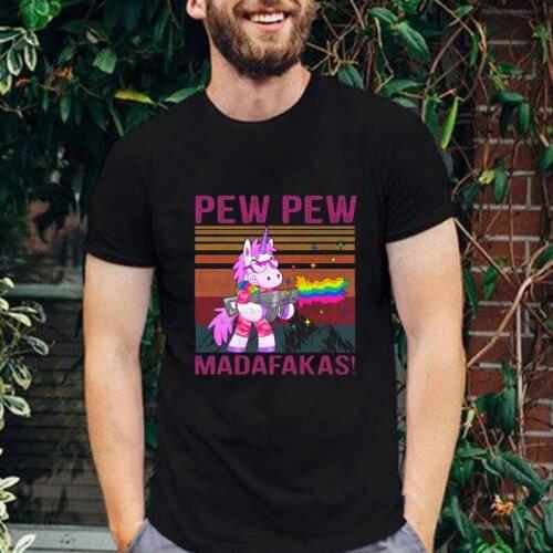 Magical Unicorn Pew Pew Men TShirt Novelty Funny Unicorn Cotton Loose Summer Mens Tops Short Sleeves Black White Humor Gift Tee