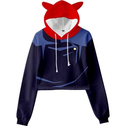 Womens short hoodie Hot Anime Jujutsu Kaisen Hoodie Dew navel Sweatshirt Cute 3D Printed cat ears hoodie Girls Tops XXS-XXL