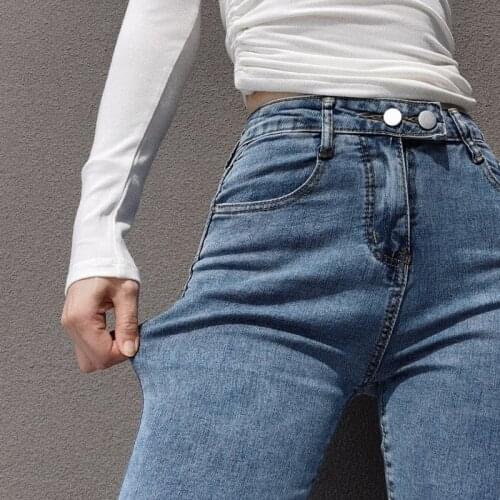 WOMENGAGA 2021 Eight Points And Nine Points Double Button High Waist Slim Fit Elastic Large Size Small Leg Jeans Ku68