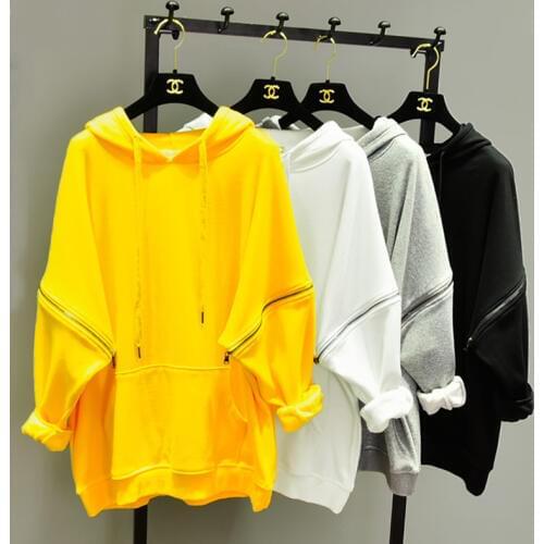 TREND-Setter 2019 Autumn and Winter High Street Sweatshirt Hooded Women Loose Yellow Zipper Sleeve Pullovers Hoodie Oversize