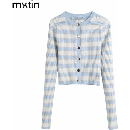 MXTIN 2021 Women Spring Vintage Striped Cardigan Knitted Sweater Fashion Long Sleeve Single Breasted Casual Women Clothing Tops