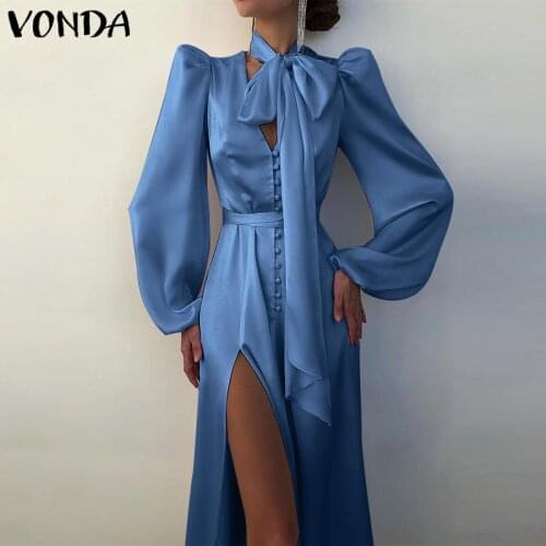 Women Bohemian Dress Casual Solid High Waist Puff Sleeve Party Shirt Dresses 2021 VONDA Summer Sundress Vestido
