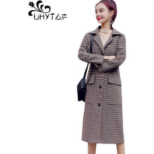 UHYTGF coat female fashion plaid spring autumn wool coats Long sleeve casual plus size jacket long tops womens abrigos mujer 944