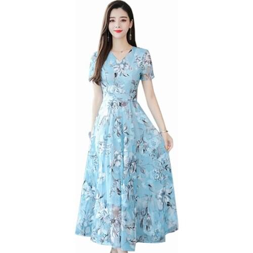 Women Chiffon Long Dress Floral Print Short sleeve dress 2021 Summer New Elegant V-Neck Chiffon Dresses